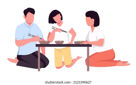 Family Eating With Chopsticks Semi Flat Color Vector Characters. Sitting Figures. Full Body Person On White. Served Dinner Table Simple Cartoon Style Illustration For Web Graphic Design And Animation