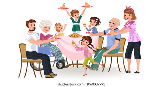 family eating dinner at home, happy people eat food together, mom and dad treat grandfather sitting by dining table, girl takes care of old grandmother, children hold cakes vector illustration