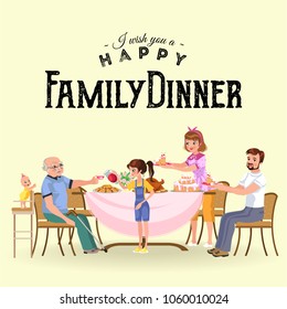 family eating dinner at home, happy people eat food together, mom and dad treat grandfather sitting by dining table, girl takes care of old grandmother, children hold cakes vector illustration