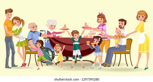 family eating dinner at home, happy people eat food together, mom and dad treat grandfather sitting by dining table, girl takes care of old grandmother, children hold cakes vector illustration