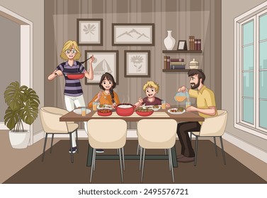 Family eating dinner at home. Family having lunch.