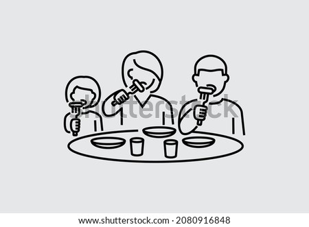 Family Eating Dinner at a Table Vector Line Icons