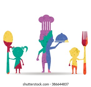 family eating drawn painted icon vector