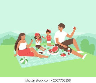Family eating fruits in nature. Happy man, woman and children rest together in privacy. The family is enjoying the outdoors. Flat vector illustration.