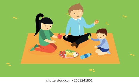 Family eating healthy food in the park. Flat design vector illustration.