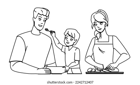 family eating line pencil drawing vector. food meal, child, mother lunch, father happy, dinner together, man home, parent caucasian, female family eating character. people Illustration