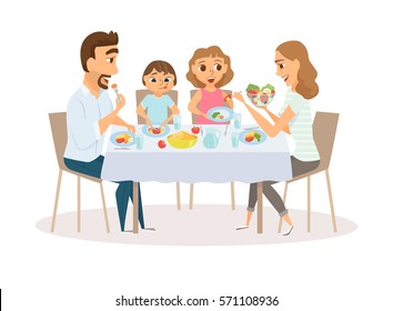 Family eating meal around kitchen table. Happy daddy, mom and their two kids sitting eating healthy lunch in home or restaurant. Diner parents and children smile and laughing together.