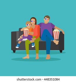 Family eating popcorn and watching movie in home theater. Cinema concept vector illustration in flat style. Movie at home.