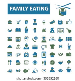 family eating, restaurant, menu, dinner icons, signs vector concept set for infographics, mobile, website, application 
