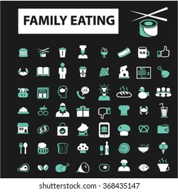 family eating, restaurant, menu, dinner icons, signs vector concept set for infographics, mobile, website, application 
