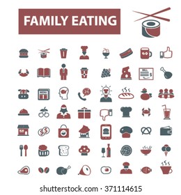 family eating, restaurant, menu, dinner icons, signs vector concept set for infographics, mobile, website, application 