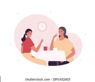 Family eating together concept. Vector flat person illustration. Mother with daughter sitting at dining table with coffee or tea cup drink. Happy parent with child breakfast in restaurant.