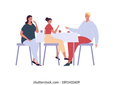 Family eating together concept. Vector flat person illustration. Father and mother with daughter sitting at dining table with coffee or tea cup drink. Happy parents with child in restaurant.