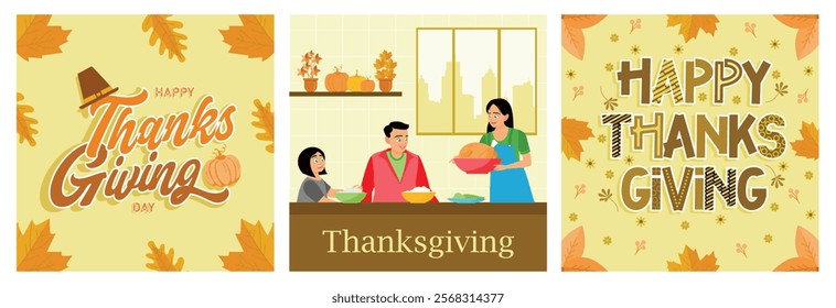 Family eating together at the dinner table. Celebrate Thanksgiving with delicious food. Happy Thanksgiving. Thanksgiving concept. Set flat vector illustration.