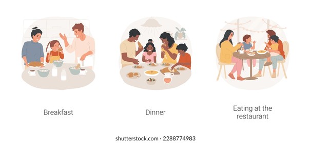 Conjunto de ilustraciones vectoriales de dibujos animados aislados para la familia. Familia sentada en la mesa, desayunar, cenar juntos, los niños hablan con los padres, en el restaurante con niños de dibujos animados vectores.