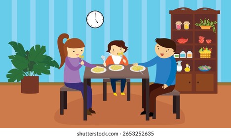Family eating together in the kitchen. Vector illustration in flat style.