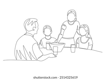 Familia comiendo juntos. Comer junto con su familia en el concepto de mesa de cocina dibujo de una línea