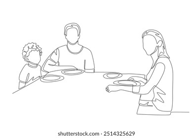 Family eating together. Eating together with their family at the kitchen table concept one-line drawing