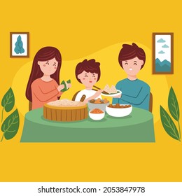 Family Eating Zongzi Theme Vector