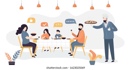 Family eats in pizzeria or Italian restaurant. Handsome chef or waiter with pizza on tray. Parents with children sit at a table in a cafe and have lunch. Interior with furniture. Vector illustration