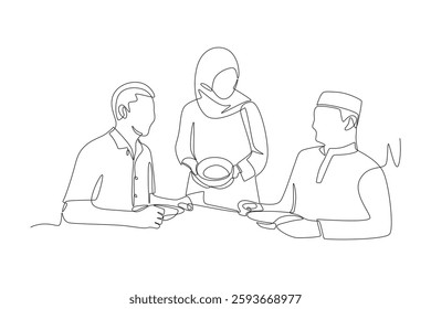 Family eats together during Eid al-Fitr. Family in eid al fitr concept one-line drawing