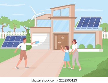 Family in eco house yard flat color vector illustration. Alternative power sources for home. Fully editable 2D simple cartoon characters with solar panels and windmill on background