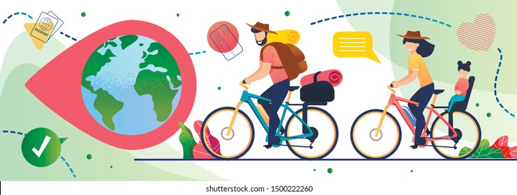 Family Eco Travelling on Bicycles Around World Poster. Happy Cartoon Father and Mother Carrying Daughter Cycling. Globe in Pin Mark. Travel Icons Decoration. Summer Vacation. Vector Illustration