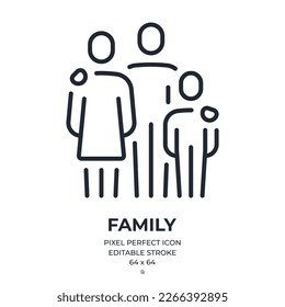 Family editable stroke outline icon isolated on white background flat vector illustration. Pixel perfect. 64 x 64.