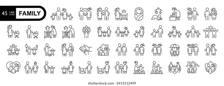 
Family editable stroke outline icon set. Thin linear style icons Pack. Vector Illustration
