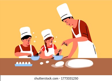 Family, education, fatherhood, childhood concept. Young man dad teaching cooking skills and meal receipts children boy girl kids. Preparing food for lunch dinner breakfast or fathers day illustration.