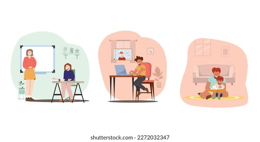 Family Education, School at Home Concept. Parents and Children Make Lessons Together, Prepare Classes.Mother, Father, Kids Students Characters Study and Make Homework. Cartoon People Vector Illustrati