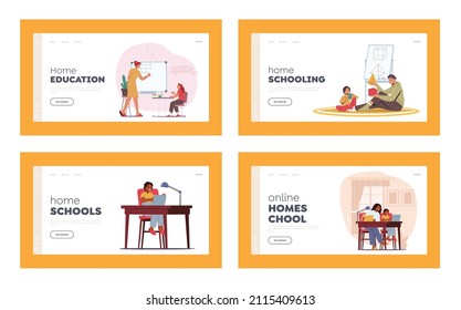 Family Education, School at Home Landing Page Template Set. Mother, Father, Kids Students Characters Make Homework. Parents and Children Make Lessons Together. Cartoon People Vector Illustration