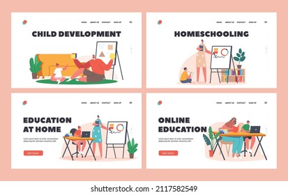 Family Education, School at Home Landing Page Template Set. Parents and Children Make Lessons Together, Prepare Classes. Students Characters Make Homework. Cartoon People Vector Illustration