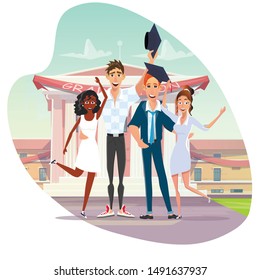 Family Education and University Graduation. Two Multiracial Couples in Love. Girls Congratulate Guys Received Diploma. Cartoon People Characters Celebrating Education Finish. Vector Flat illustration