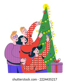 Family elebrating winter holidays. Men, women and children decorating Christmas tree. Merry Christmas and Happy New Year. Vector illustration for greeting card, banner, poster.