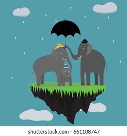 Family of elephants. Flight on a flying island. Vector illustration.