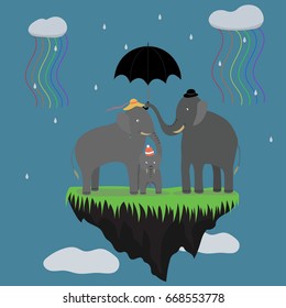 Family of elephants. Flight on a flying island. Iridescent clouds. Vector illustration.