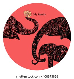 family. Family of elephants . Indian elephant. Beautiful composition of elephants in a circle . Silhouette of elephants . Vector illustration of a tribal totem animal - Elephant - in graphic style. 