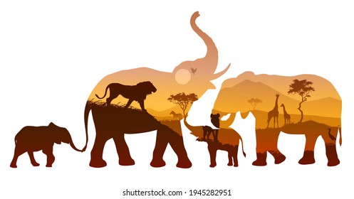 Family of elephants. Inside the landscape of the savannah with wild animals. Isolated object, vector illustration 