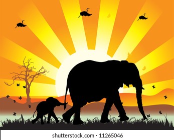 Family of elephants on nature walk, vector illustration