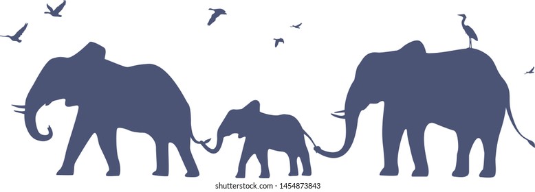 
Family of elephants for a walk. Vector on white background.