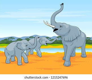 The family of elephants walks in savanna. Big elephant with two small elephants. Elephant vector image.