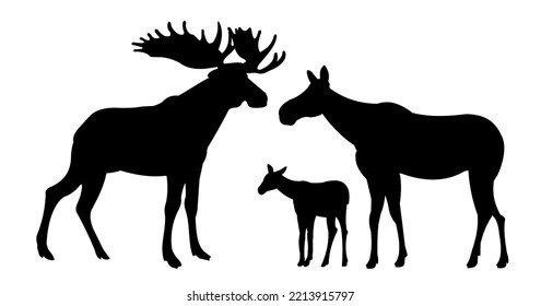 Family Elk male with large horns and with Moose female with cub Elk. Silhouette picture. Animals in wild. Isolated on white background. Vector.