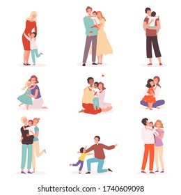 Family embrace. Happy parents hugging smiling kids comforted childhood mother kisses vector cartoon characters