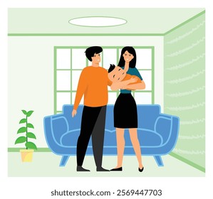 Family embrace warmly, sharing a moment of love and togetherness in their bright, modern living room. Flat vector modern illustration 