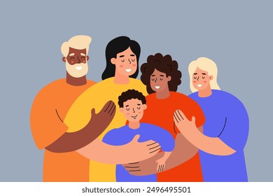 Family Embracing Each Other in Colorful Attire Against Gray Background