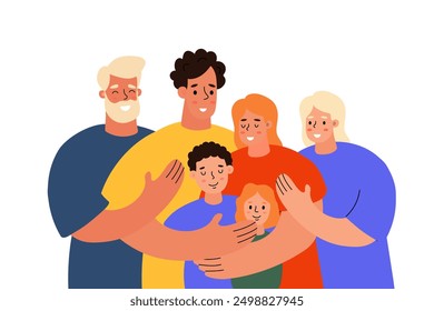 Family Embracing Each Other in Colorful Clothing on a Bright Background