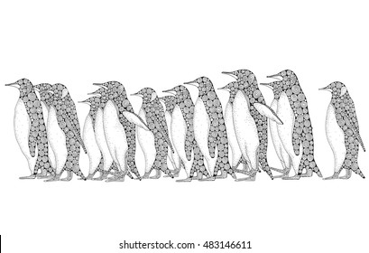 Family of Emperor Penguin on the snow in Antarctica. Coloring book page for adult and children. Doodle style. Zentangle. Zen art. Black and white animals. Winter.