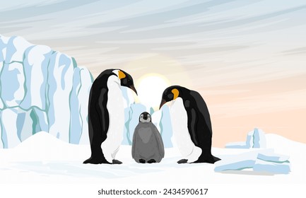 Una familia de pingüinos emperadores con un polluelo están de pie en la nieve cerca de un gran glaciar. Pájaros de los polos del sur. Paisaje vectorial realista