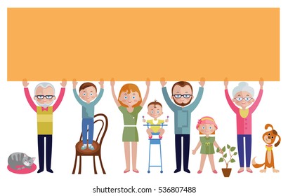 Family with empty orange banner flat design including adults and children houseplant and pets vector illustration   